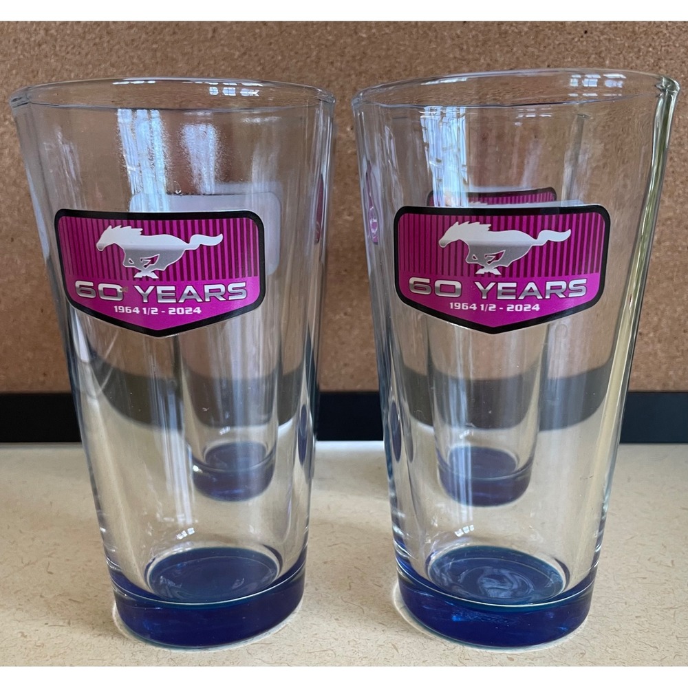Ford Mustang 60 Years Anniversary Pint Glass Set of 4 Blue Base 1964 1/2-2024